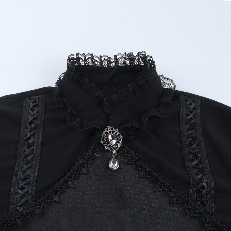 Long flared sleeve high neck lace hem solid top  | Festival Outfits Women