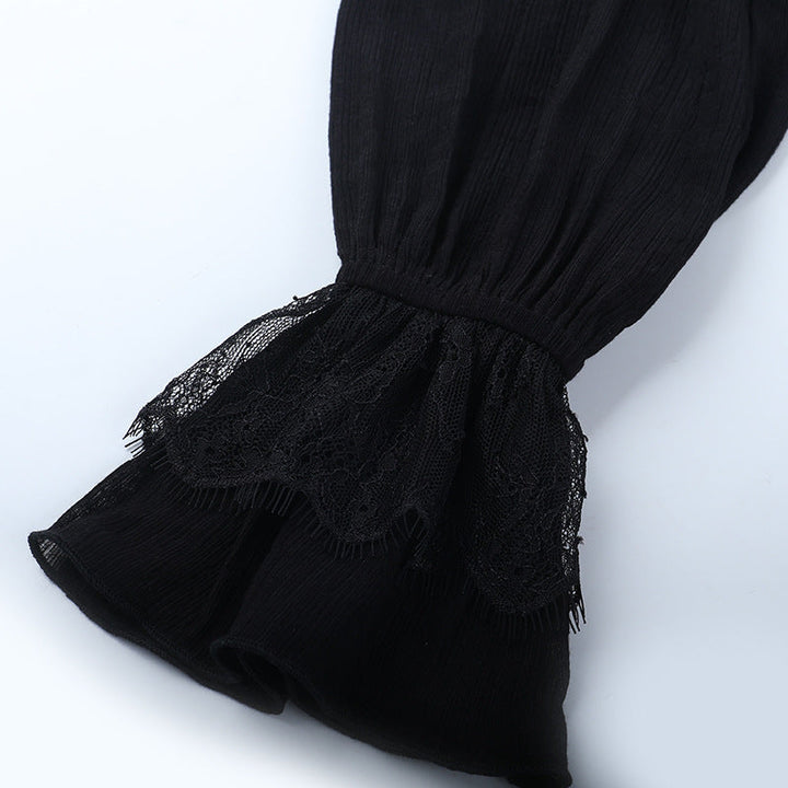 Long sleeve lace button ruffle solid top  | Festival Outfits Women