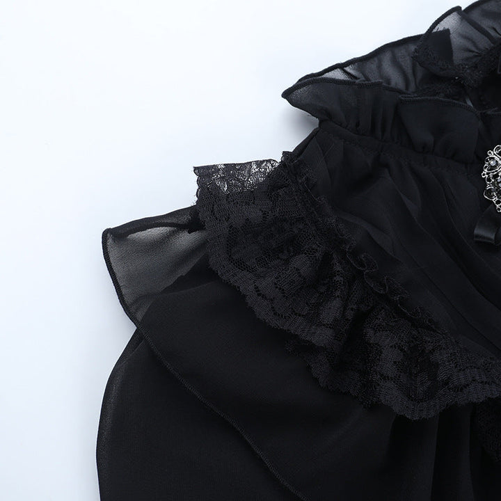 Short sleeve button ruffle lace hem solid top  | Festival Outfits Women