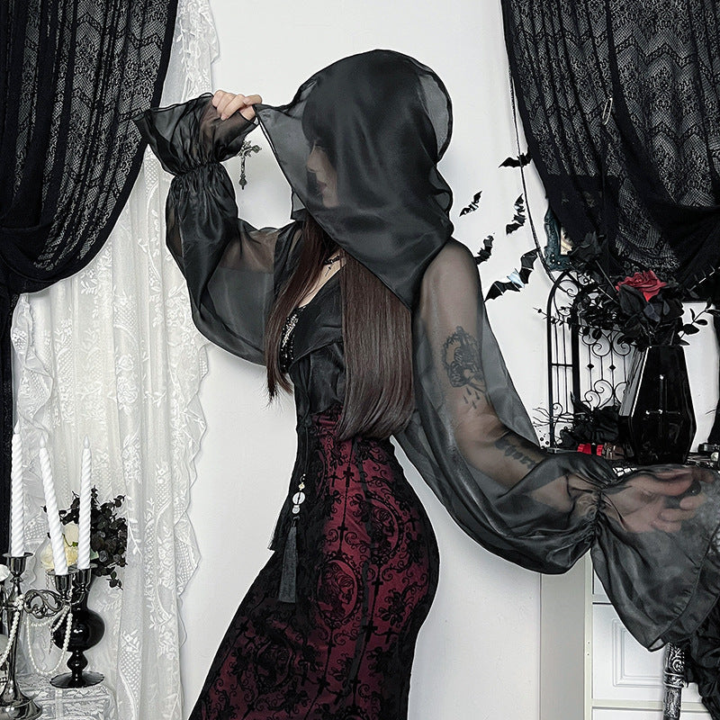 Hoodie long sleeve chiffon see through top  | Festival Outfits Women