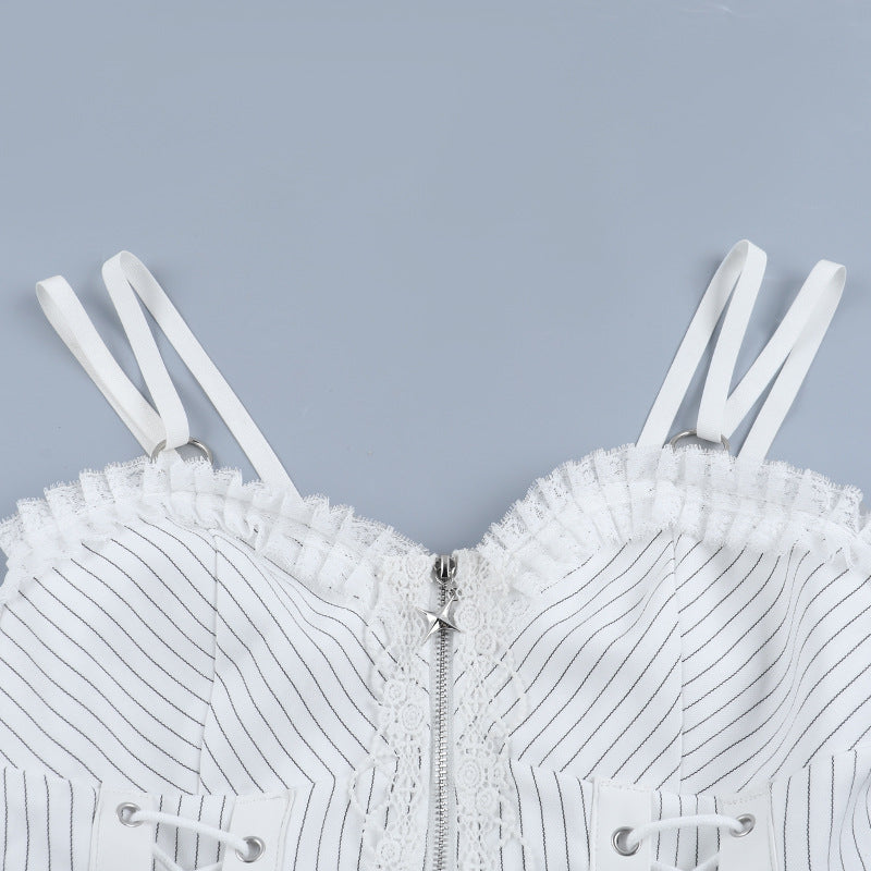 Striped ruffle lace up lace hem zip-up cami top  | Festival Outfits Women