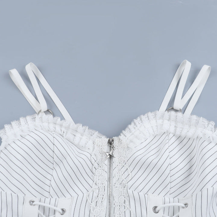 Striped ruffle lace up lace hem zip-up cami top  | Festival Outfits Women