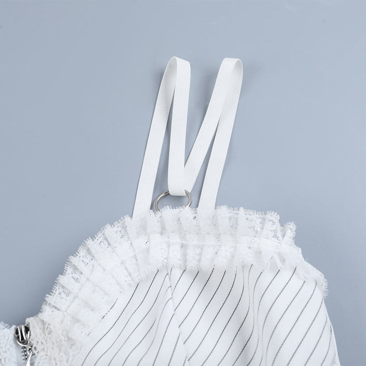 Striped ruffle lace up lace hem zip-up cami top  | Festival Outfits Women