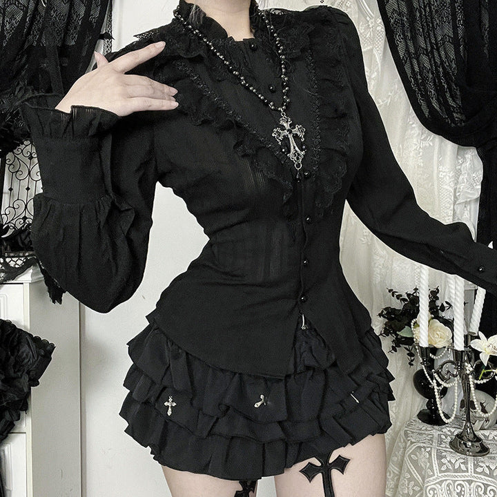 Long sleeve lace hem button self tie top  | Festival Outfits Women