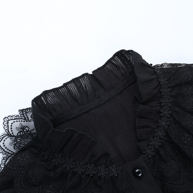 Long sleeve lace hem button self tie top  | Festival Outfits Women