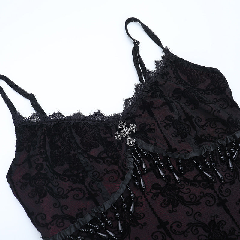 Lace hem v neck tassels print cami maxi dress  | Festival Outfits Women