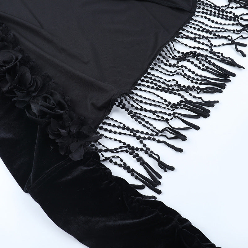 Long sleeve flower applique velvet tassels top  | Festival Outfits Women