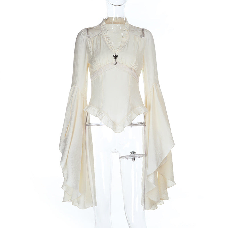 Long flared sleeve v neck ruched solid top  | Festival Outfits Women