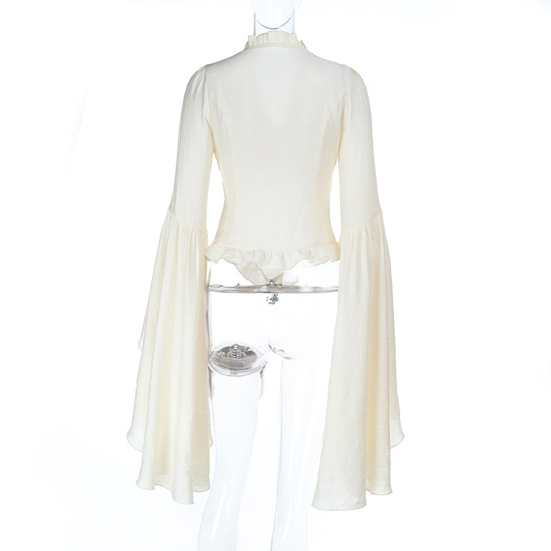 Long flared sleeve v neck ruched solid top  | Festival Outfits Women