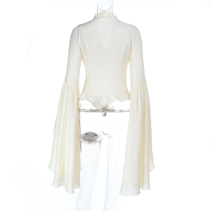 Long flared sleeve v neck ruched solid top  | Festival Outfits Women