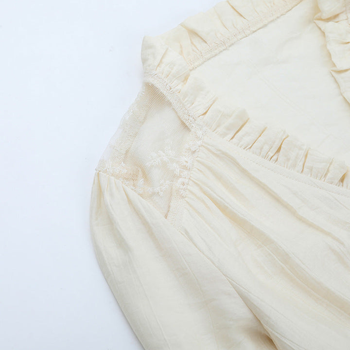 Long flared sleeve v neck ruched solid top  | Festival Outfits Women