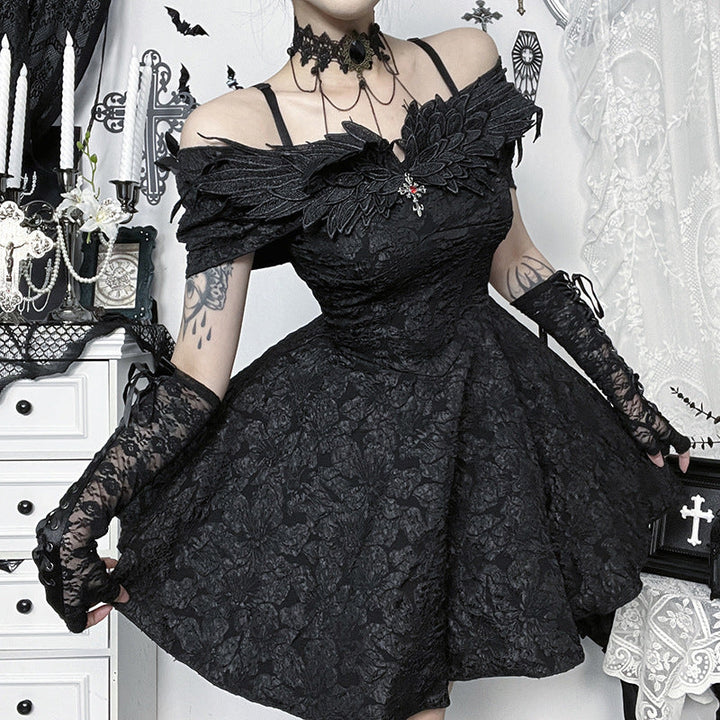 Off shoulder cross applique zip-up mini dress  | Festival Outfits Women-final-sale