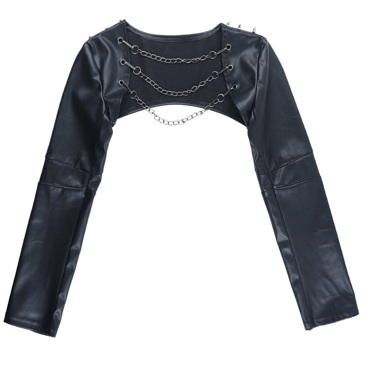 Long sleeve PU leather metal chain shrug top  | Festival Outfits Women-final-sale