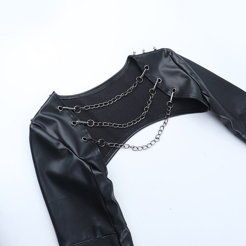 Long sleeve PU leather metal chain shrug top  | Festival Outfits Women-final-sale