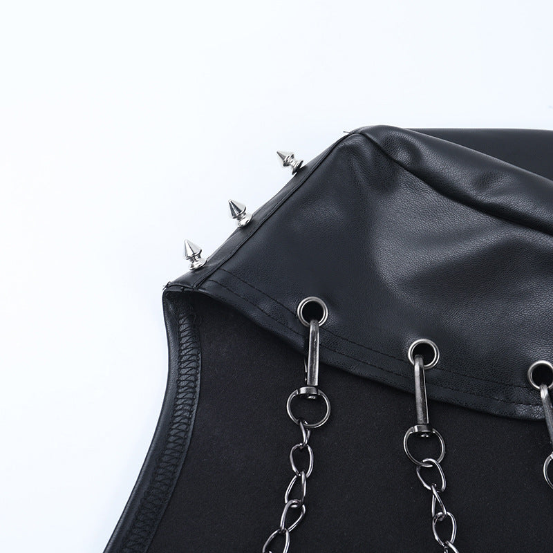 Long sleeve PU leather metal chain shrug top  | Festival Outfits Women-final-sale