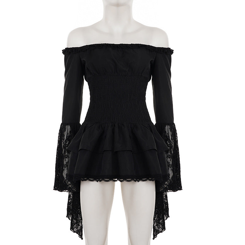 Off shoulder long flared sleeve lace hem mini dress-final-sale