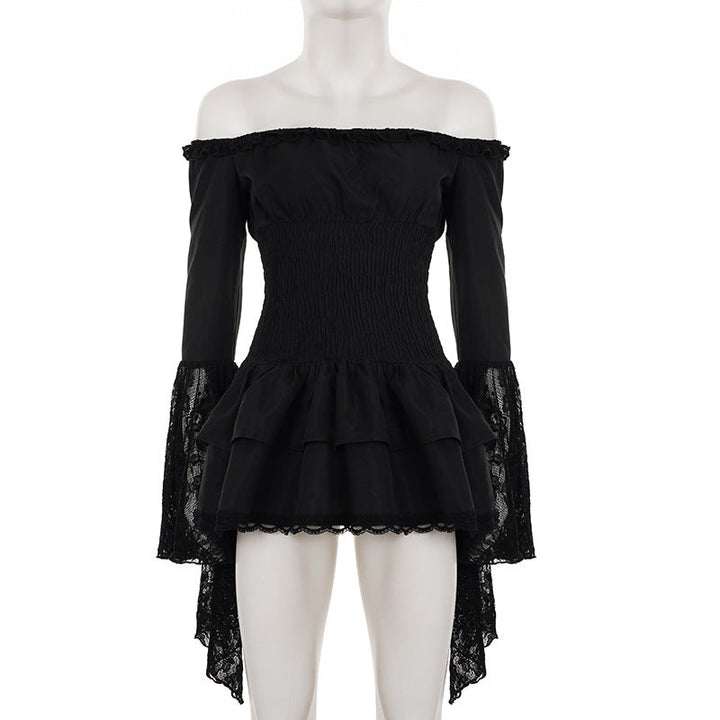 Off shoulder long flared sleeve lace hem mini dress-final-sale