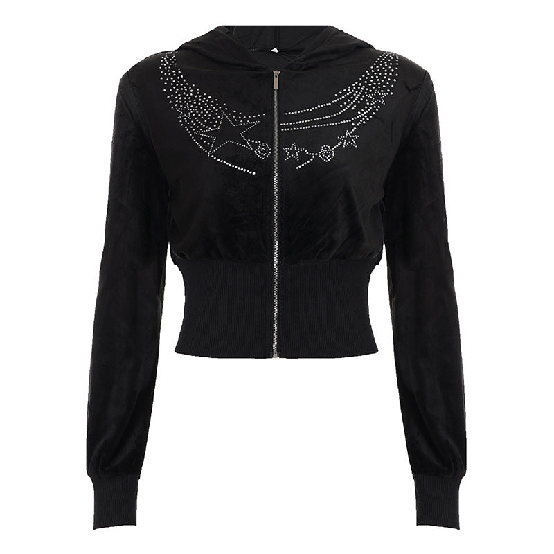 Hoodie long sleeve zip-up velvet beaded top  | Festival Outfits Women