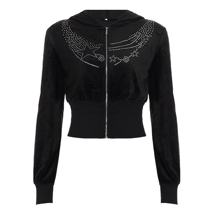 Hoodie long sleeve zip-up velvet beaded top  | Festival Outfits Women
