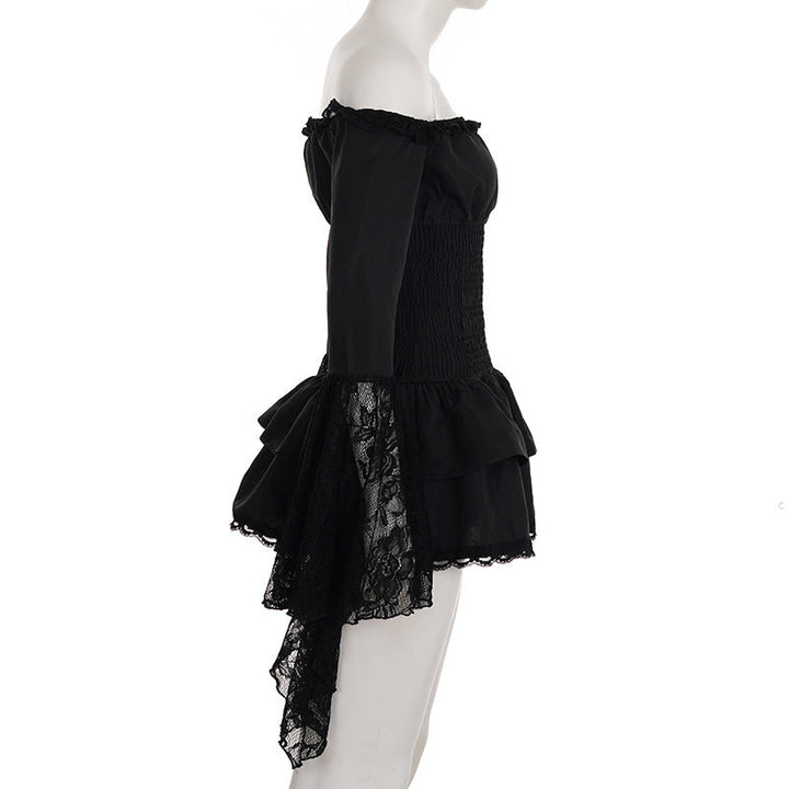 Off shoulder long flared sleeve lace hem mini dress-final-sale