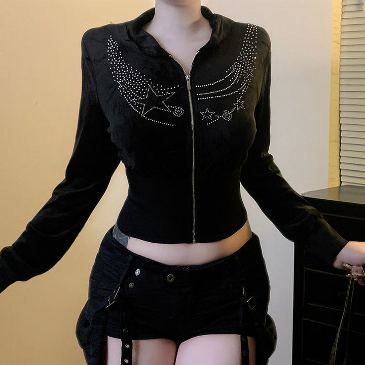 Hoodie long sleeve zip-up velvet beaded top  | Festival Outfits Women