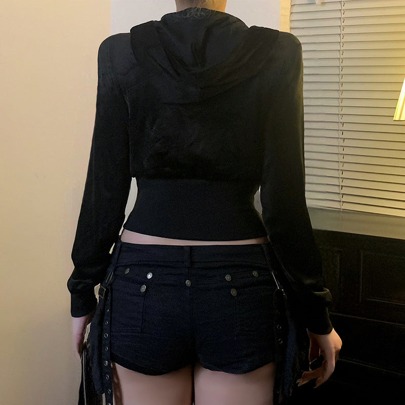 Hoodie long sleeve zip-up velvet beaded top  | Festival Outfits Women