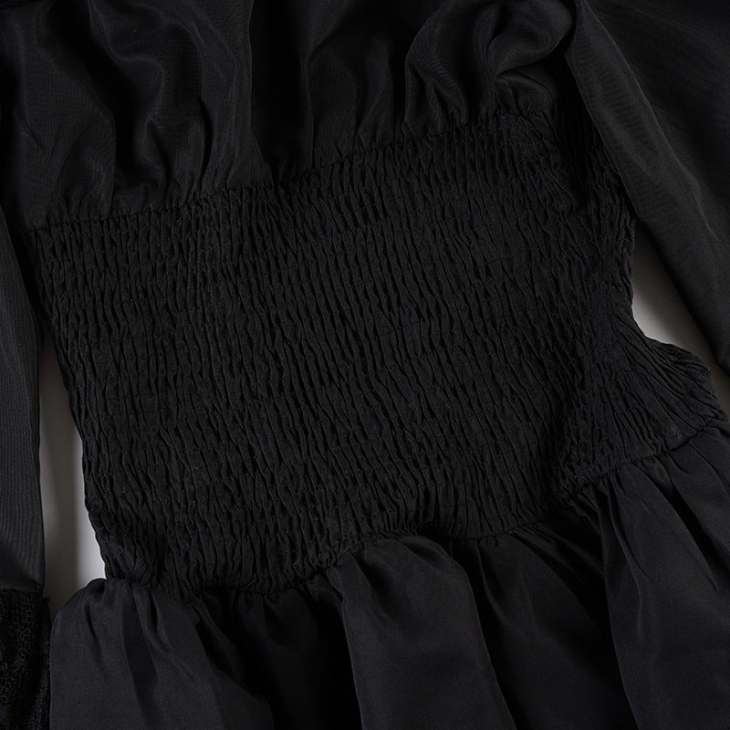 Off shoulder long flared sleeve lace hem mini dress-final-sale