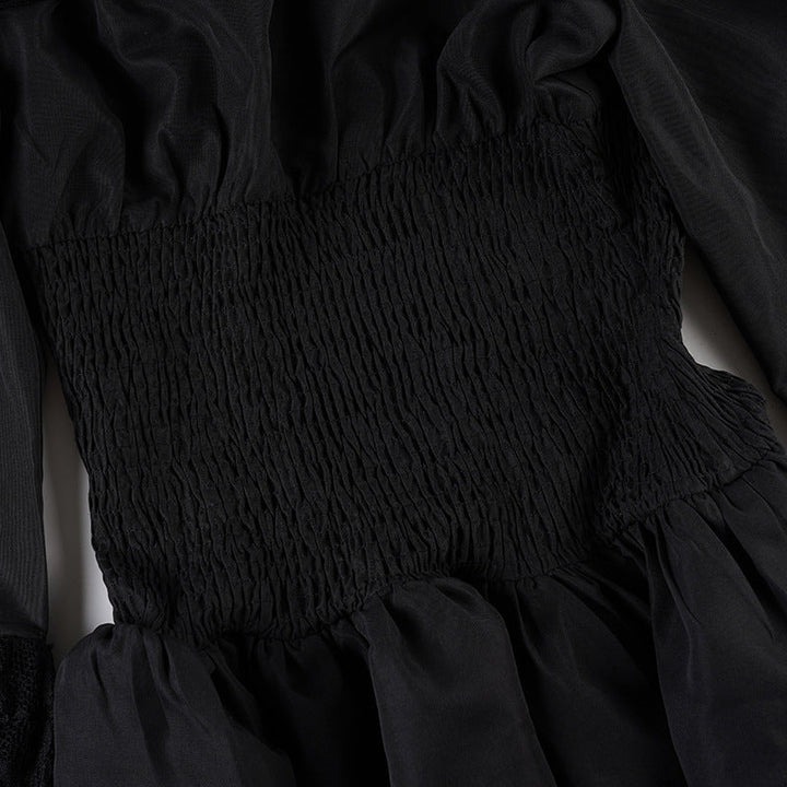 Off shoulder long flared sleeve lace hem mini dress-final-sale