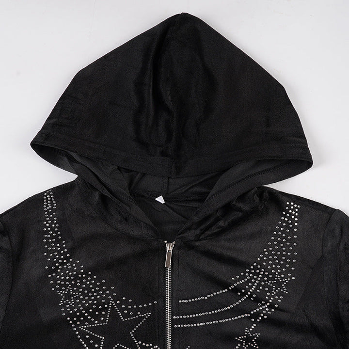 Hoodie long sleeve zip-up velvet beaded top  | Festival Outfits Women
