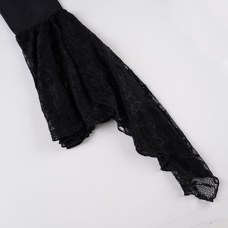 Off shoulder long flared sleeve lace hem mini dress-final-sale