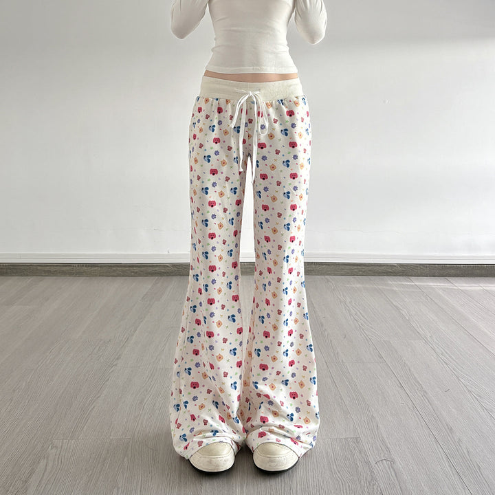 Drawstring print contrast low rise wide leg pant  | Festival Outfits Women