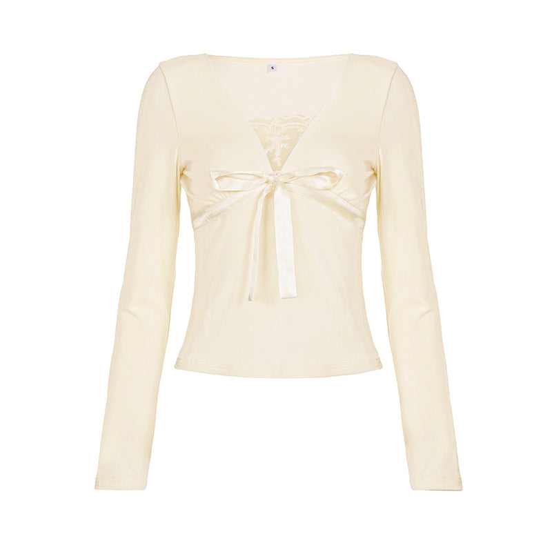 Bowknot long sleeve v neck lace top  | Festival Outfits Women