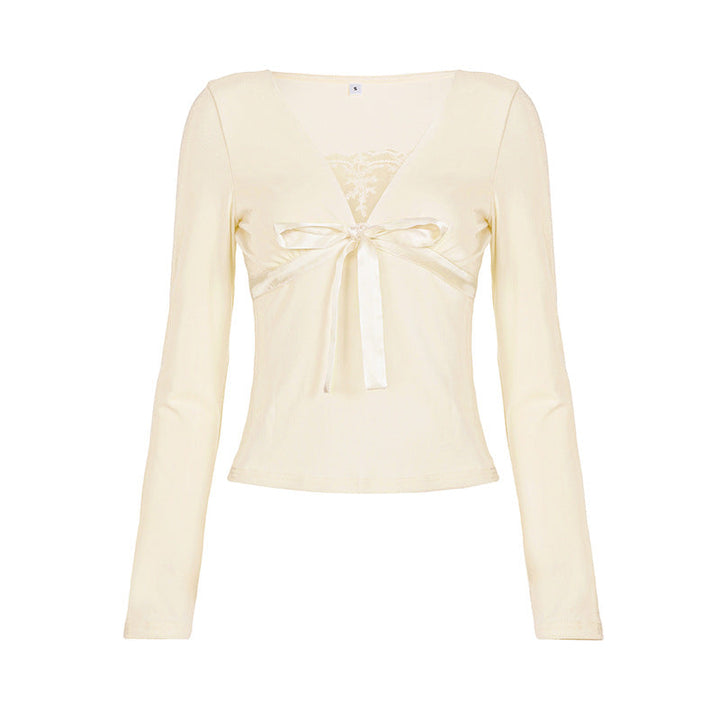 Bowknot long sleeve v neck lace top  | Festival Outfits Women
