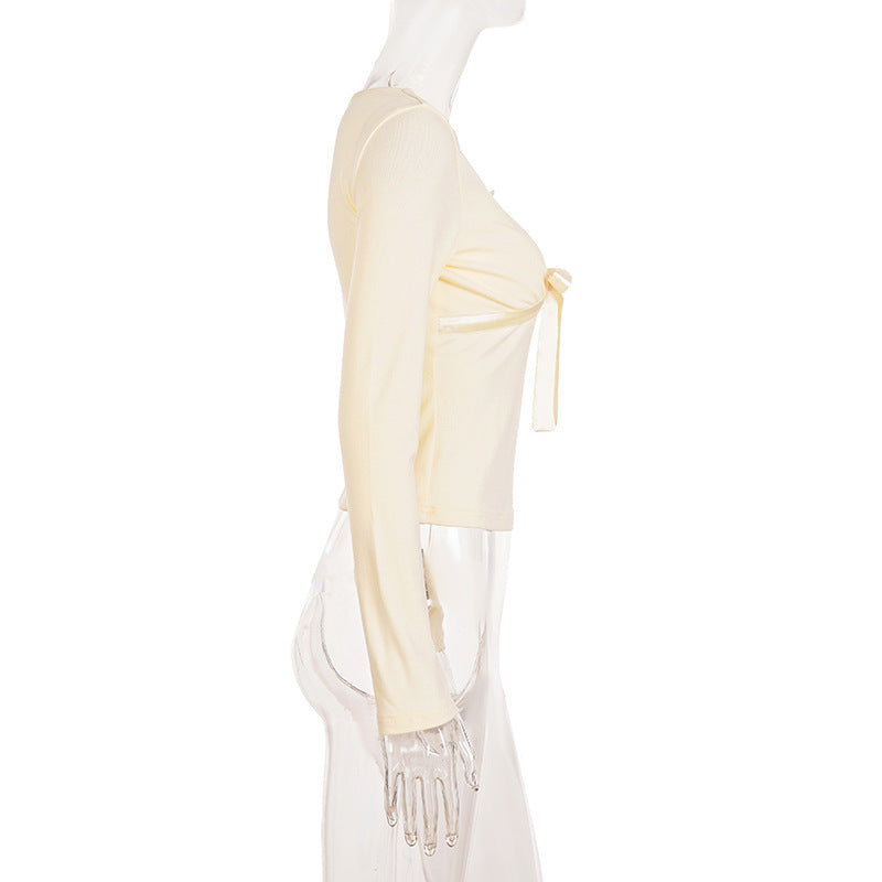 Bowknot long sleeve v neck lace top  | Festival Outfits Women