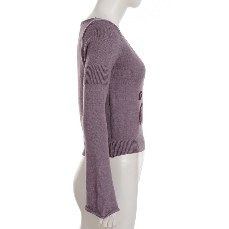 Knitted long sleeve v neck flower pattern top  | Festival Outfits Women