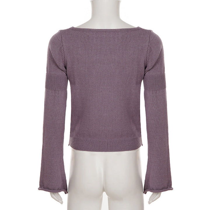 Knitted long sleeve v neck flower pattern top  | Festival Outfits Women