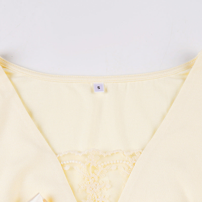 Bowknot long sleeve v neck lace top  | Festival Outfits Women