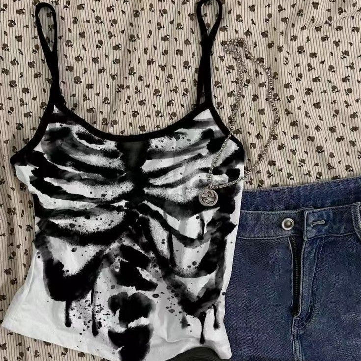 U neck skeleton print backless cami top  | Festival Outfits Women-final-sale