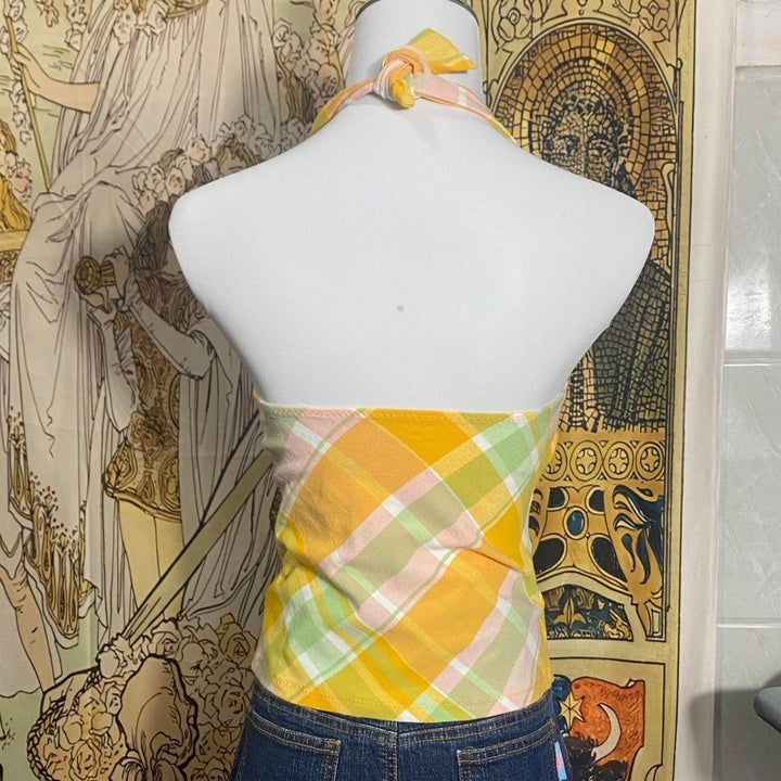 Halter self tie u neck plaid backless top  | Festival Outfits Women