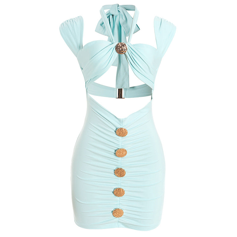Hollow out halter self tie ruched cut out mini dress  | Festival Outfits Women