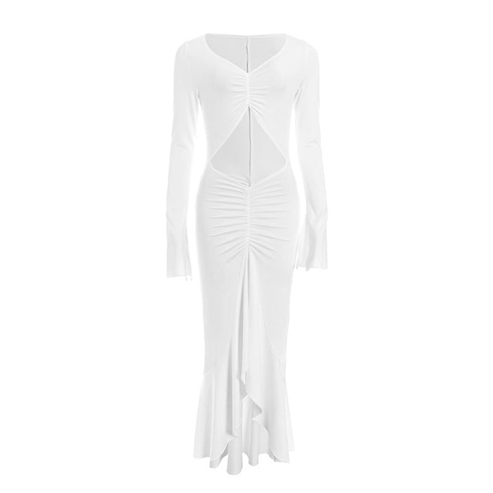 Long sleeve hollow out ruched v neck cut out maxi dress  | Festival Outfits Women-final-sale