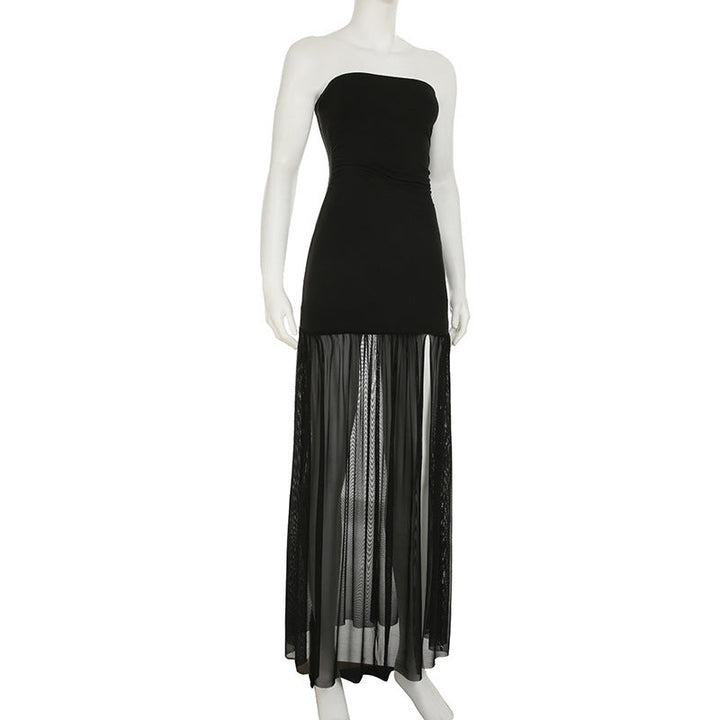Slit mesh ruched backless tube maxi dress  | Festival Outfits Women