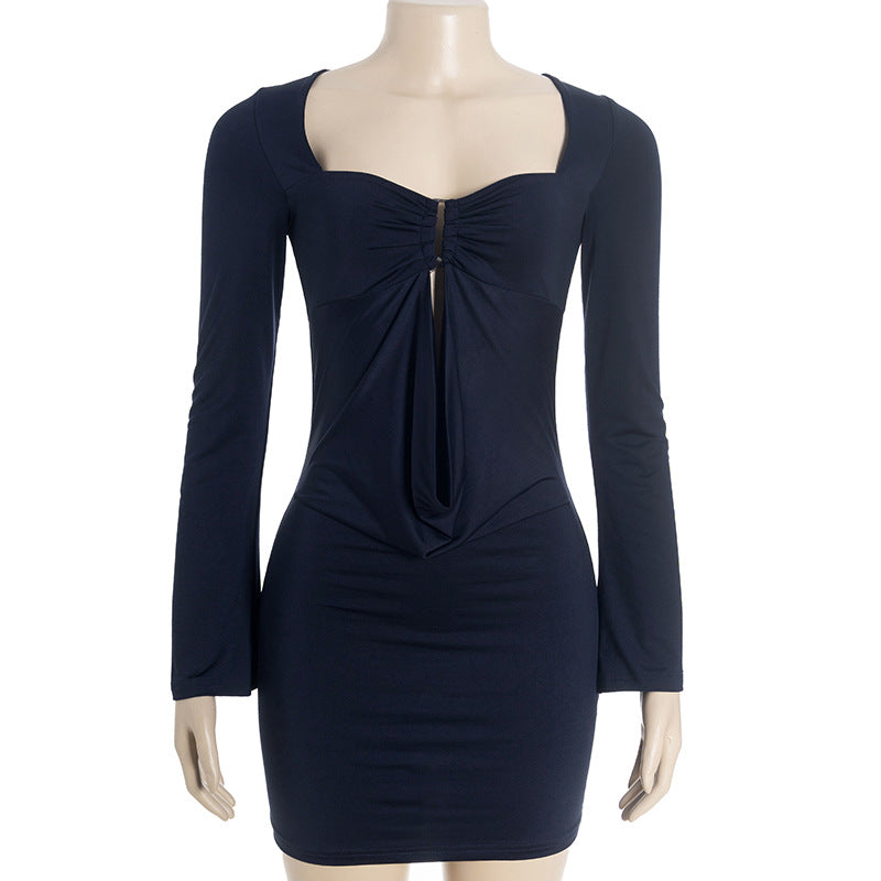 Hollow out long sleeve ruched solid cut out mini dress  | Festival Outfits Women