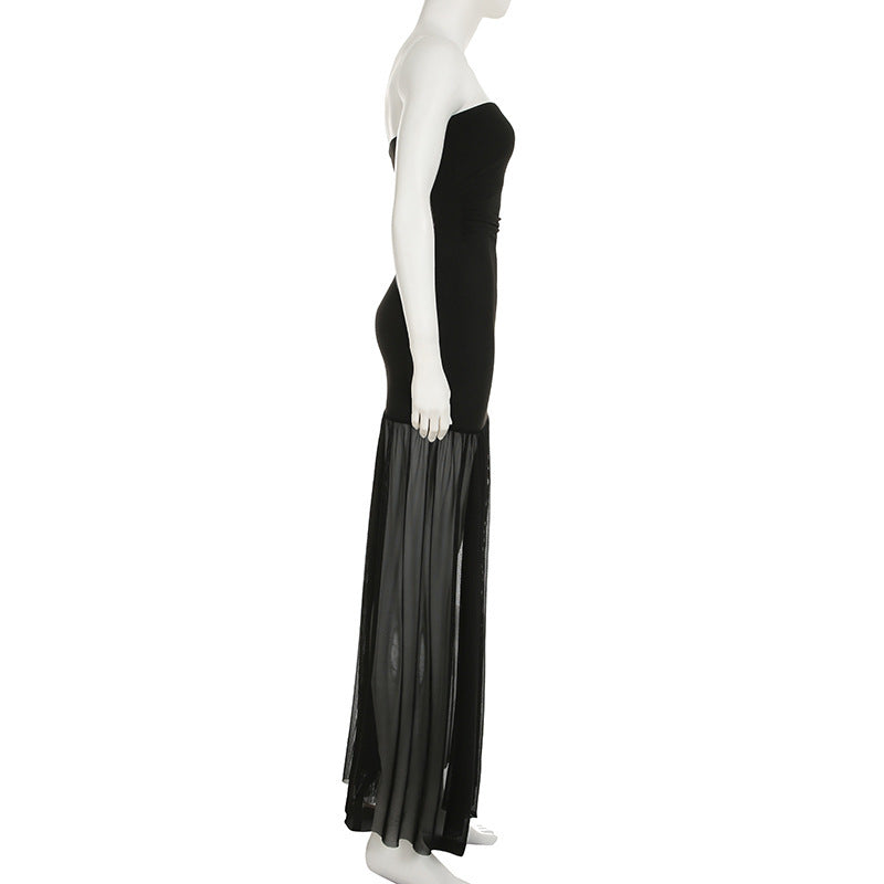 Slit mesh ruched backless tube maxi dress  | Festival Outfits Women