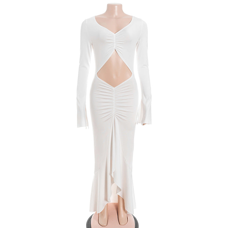 Long sleeve hollow out ruched v neck cut out maxi dress  | Festival Outfits Women-final-sale