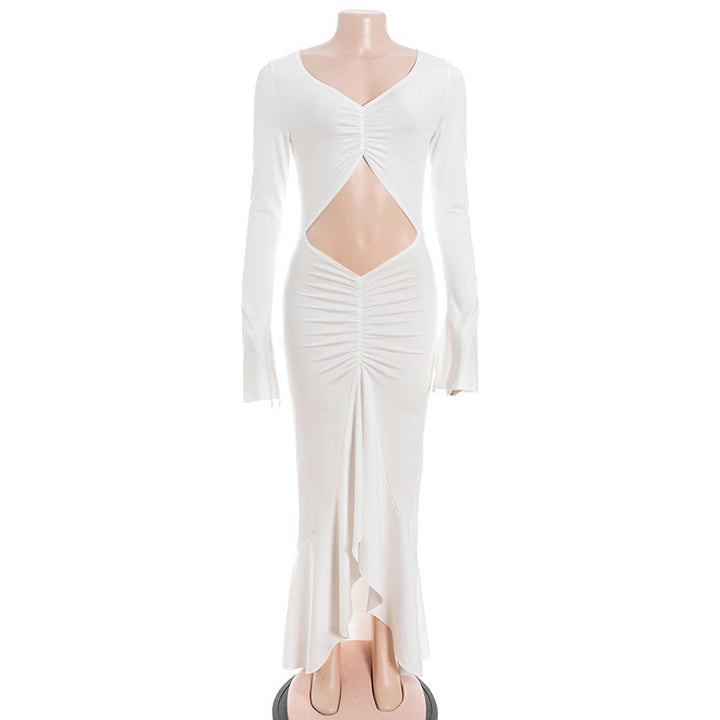 Long sleeve hollow out ruched v neck cut out maxi dress  | Festival Outfits Women-final-sale