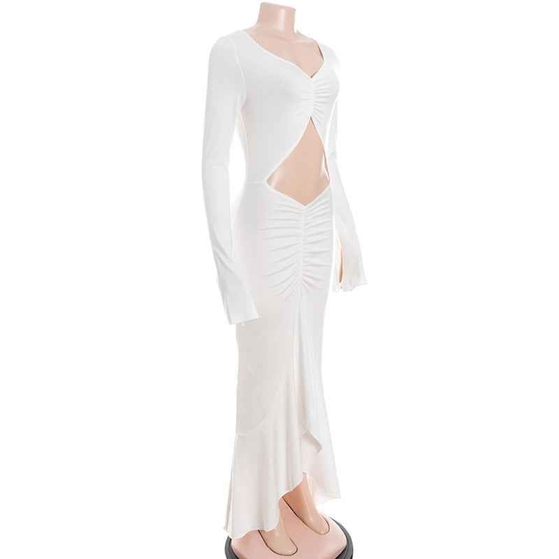 Long sleeve hollow out ruched v neck cut out maxi dress  | Festival Outfits Women-final-sale