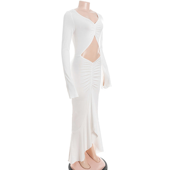 Long sleeve hollow out ruched v neck cut out maxi dress  | Festival Outfits Women-final-sale