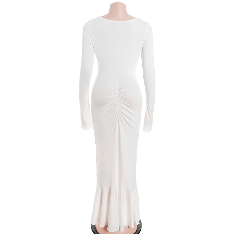 Long sleeve hollow out ruched v neck cut out maxi dress  | Festival Outfits Women-final-sale