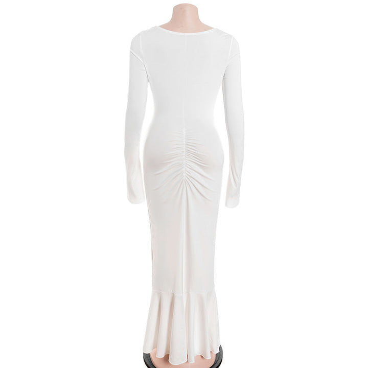 Long sleeve hollow out ruched v neck cut out maxi dress  | Festival Outfits Women-final-sale